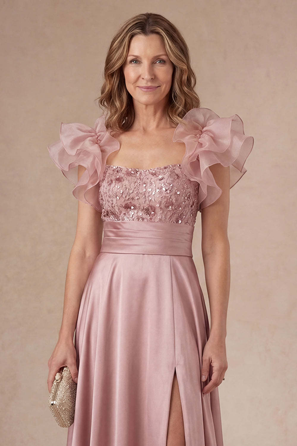 Ruffled A Line Satin Dusty Rose Beaded Satin Long Mother Dress with Slit