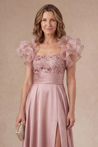 Ruffled A Line Satin Dusty Rose Beaded Satin Long Mother Dress with Slit