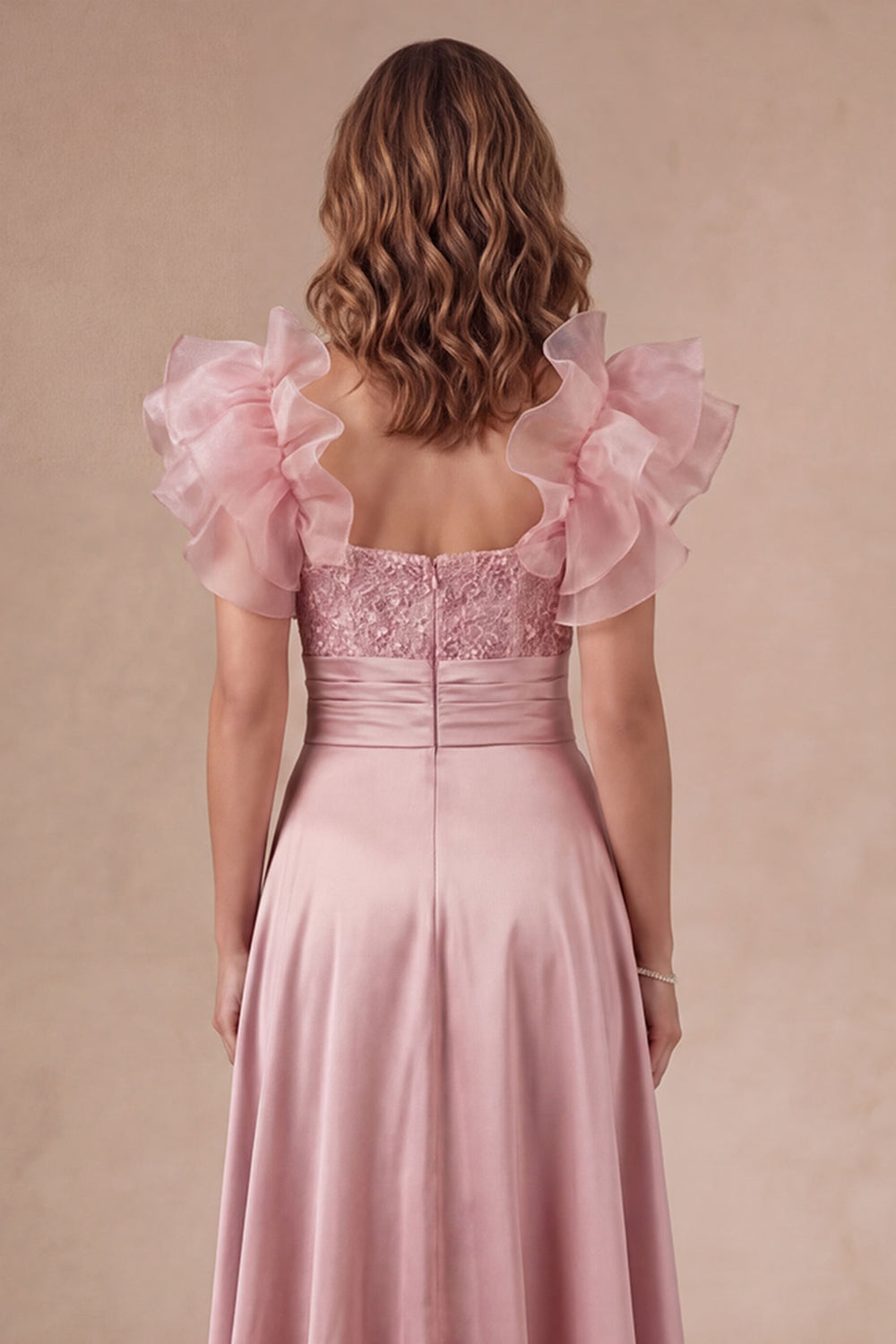 Ruffled A Line Satin Dusty Rose Beaded Satin Long Mother Dress with Slit