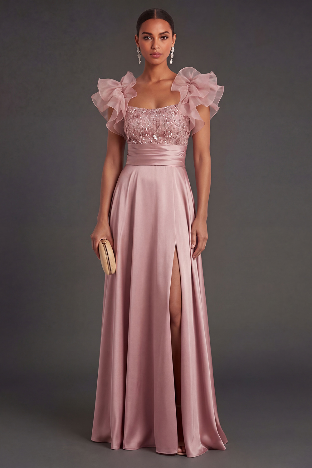 Leely Women A Line Satin Dusty Rose Beaded Satin Long Formal Dress with Slit Ruffled Square Neck Wedding Guest Dress