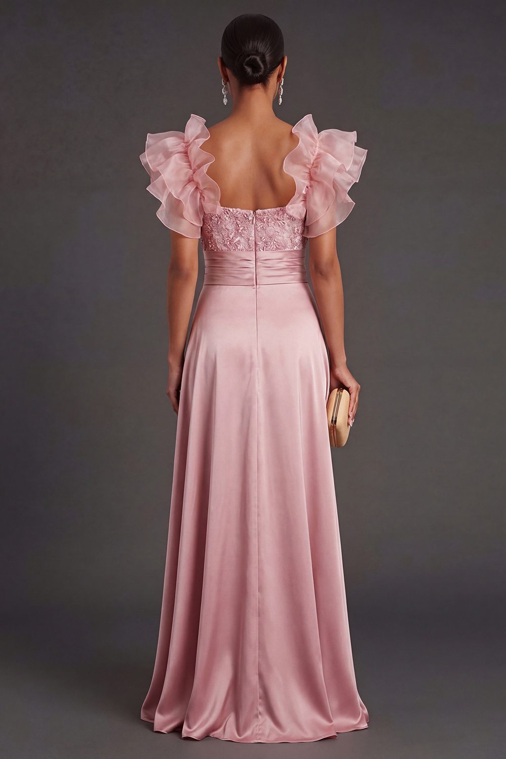 Ruffled A Line Satin Dusty Rose Beaded Satin Long Formal Dress with Slit