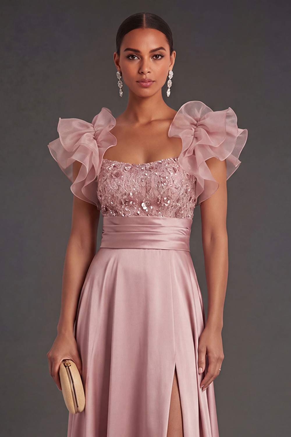 Ruffled A Line Satin Dusty Rose Beaded Satin Long Formal Dress with Slit