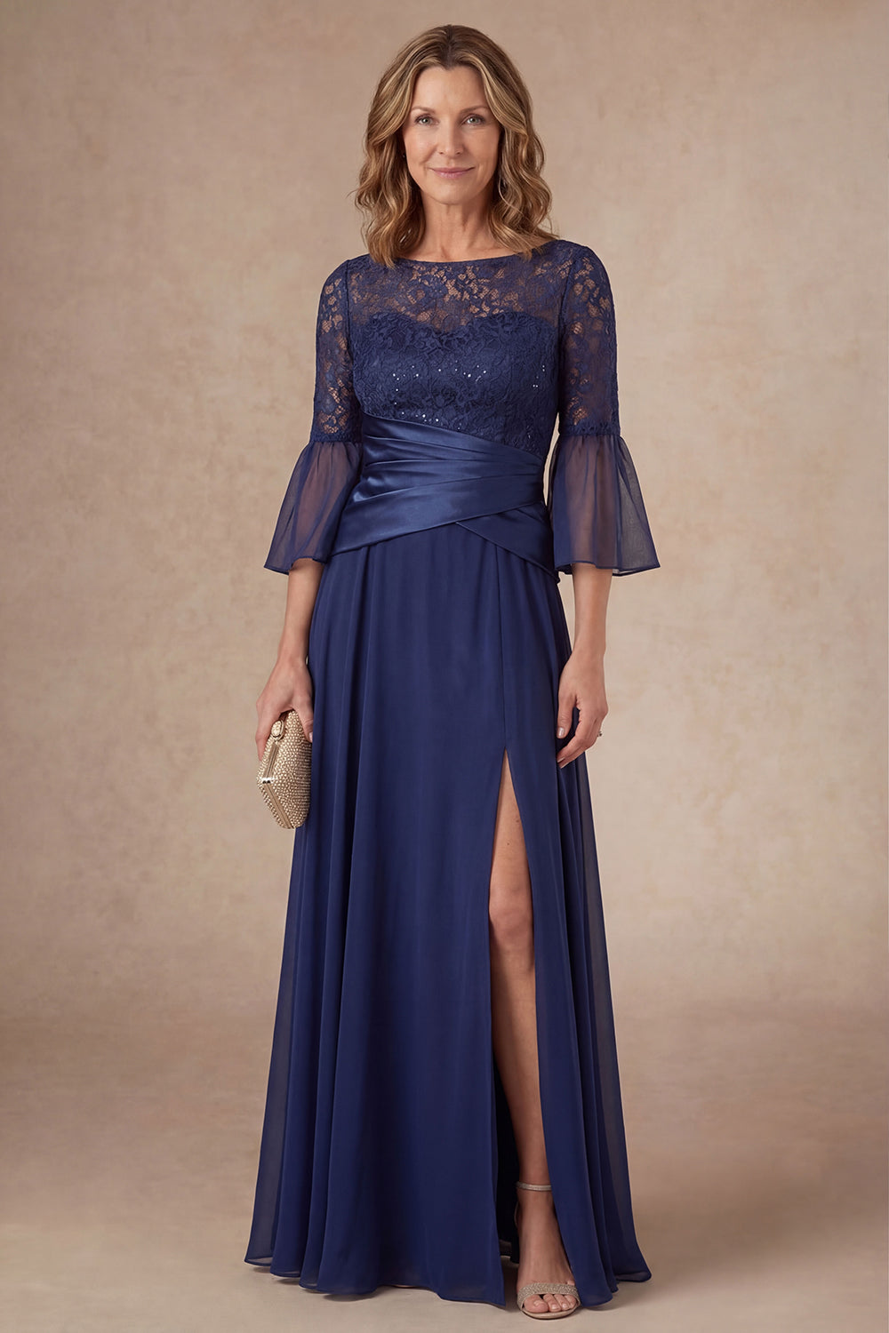 A Line Navy Floral Appliqued Flutter Sleeves Long Mother of the Bride Dress