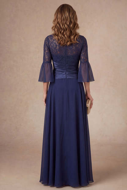 A Line Navy Floral Appliqued Flutter Sleeves Long Mother of the Bride Dress