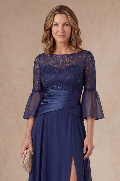 A Line Navy Floral Appliqued Flutter Sleeves Long Mother of the Bride Dress