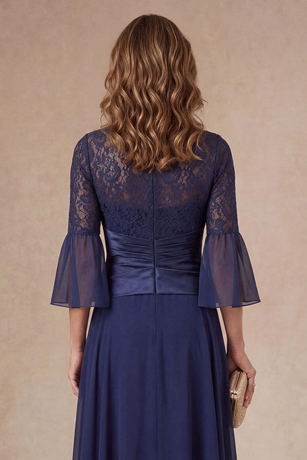 A Line Navy Floral Appliqued Flutter Sleeves Long Mother of the Bride Dress