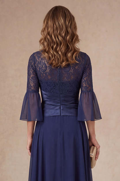 A Line Navy Floral Appliqued Flutter Sleeves Long Mother of the Bride Dress