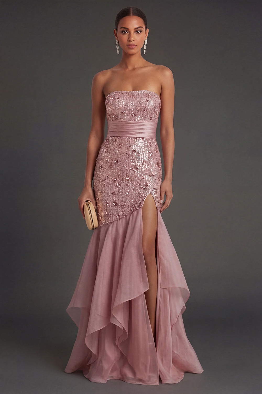 Leely Women Dusty Rose Mermaid Long Formal Dress with Slit Sequins Ruffled Strapless Evening Dress