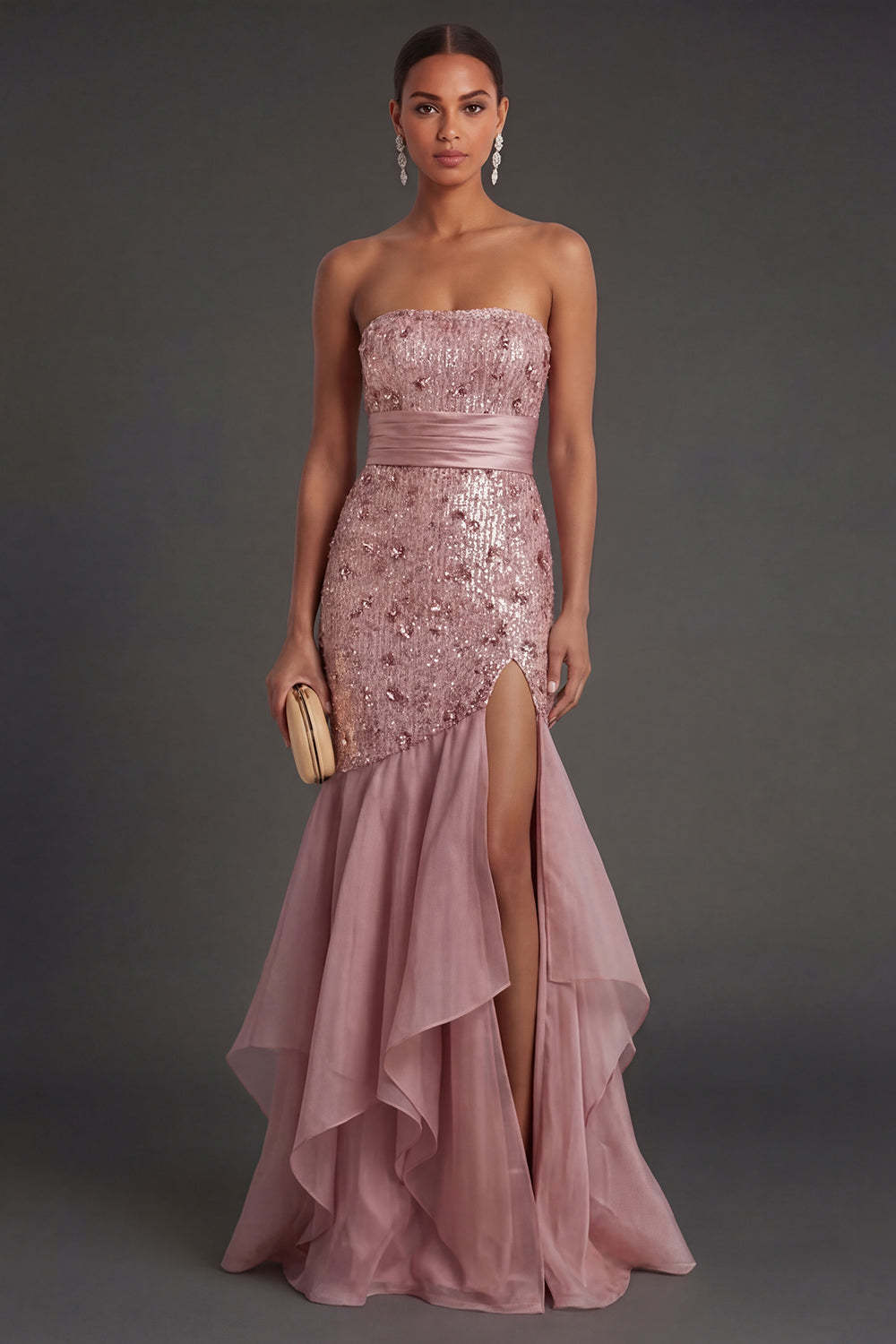Leely Women Dusty Rose Mermaid Long Formal Dress with Slit Sequins Ruffled Strapless Evening Dress