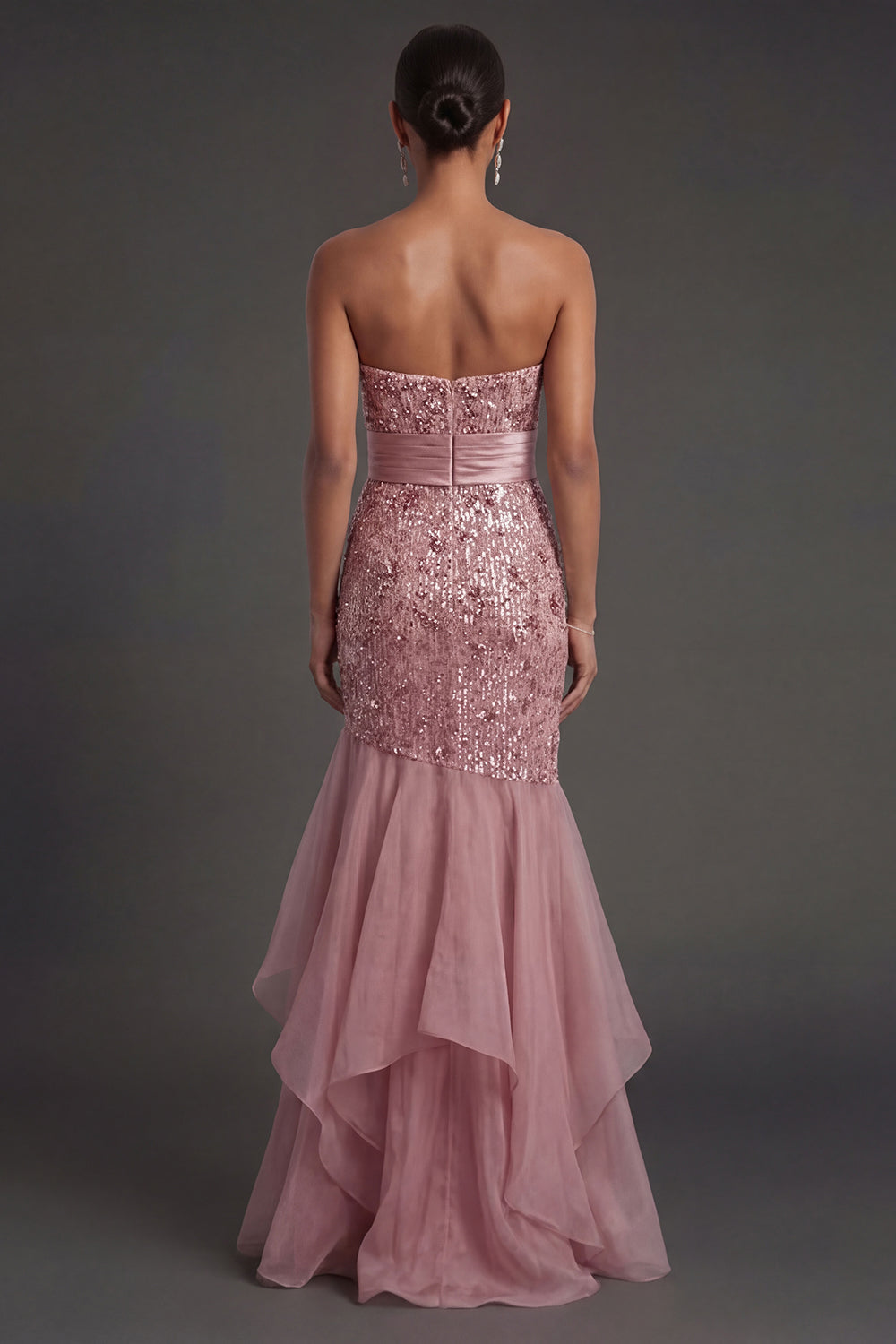 Dusty Rose Strapless Mermaid Ruffled Sequins Long Formal Dress with Slit