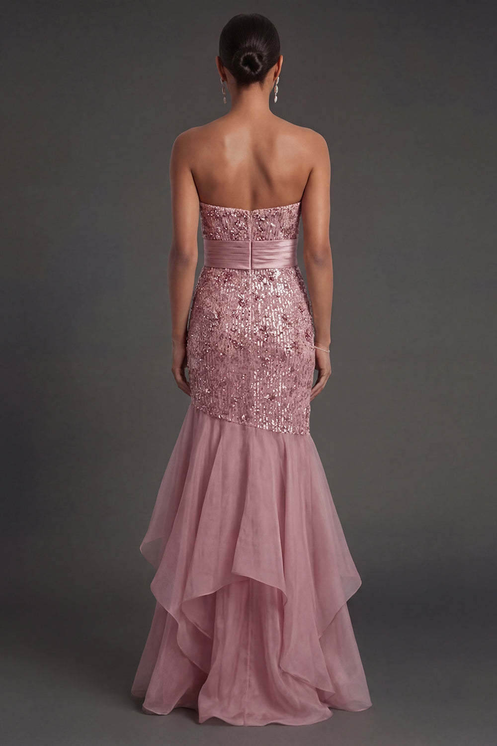 Dusty Rose Strapless Mermaid Ruffled Sequins Long Formal Dress with Slit
