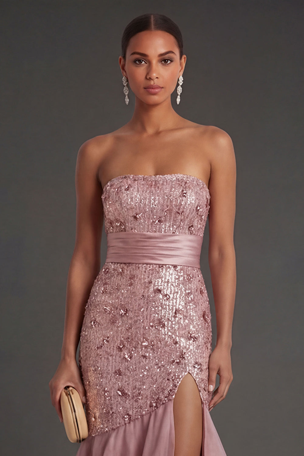 Dusty Rose Strapless Mermaid Ruffled Sequins Long Formal Dress with Slit