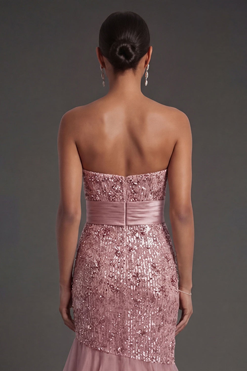 Dusty Rose Strapless Mermaid Ruffled Sequins Long Formal Dress with Slit