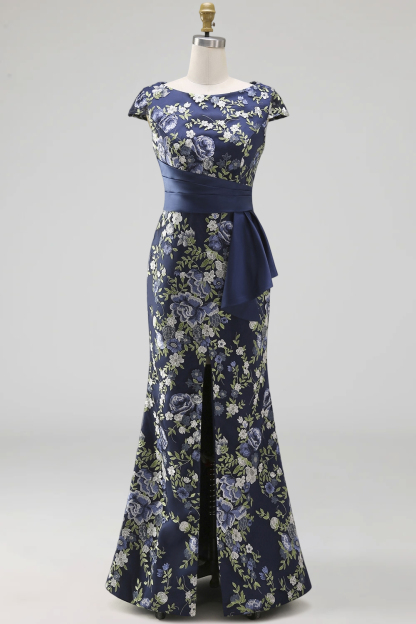 Navy Floral Cap Sleeves Mermaid Long Formal Dress with Slit