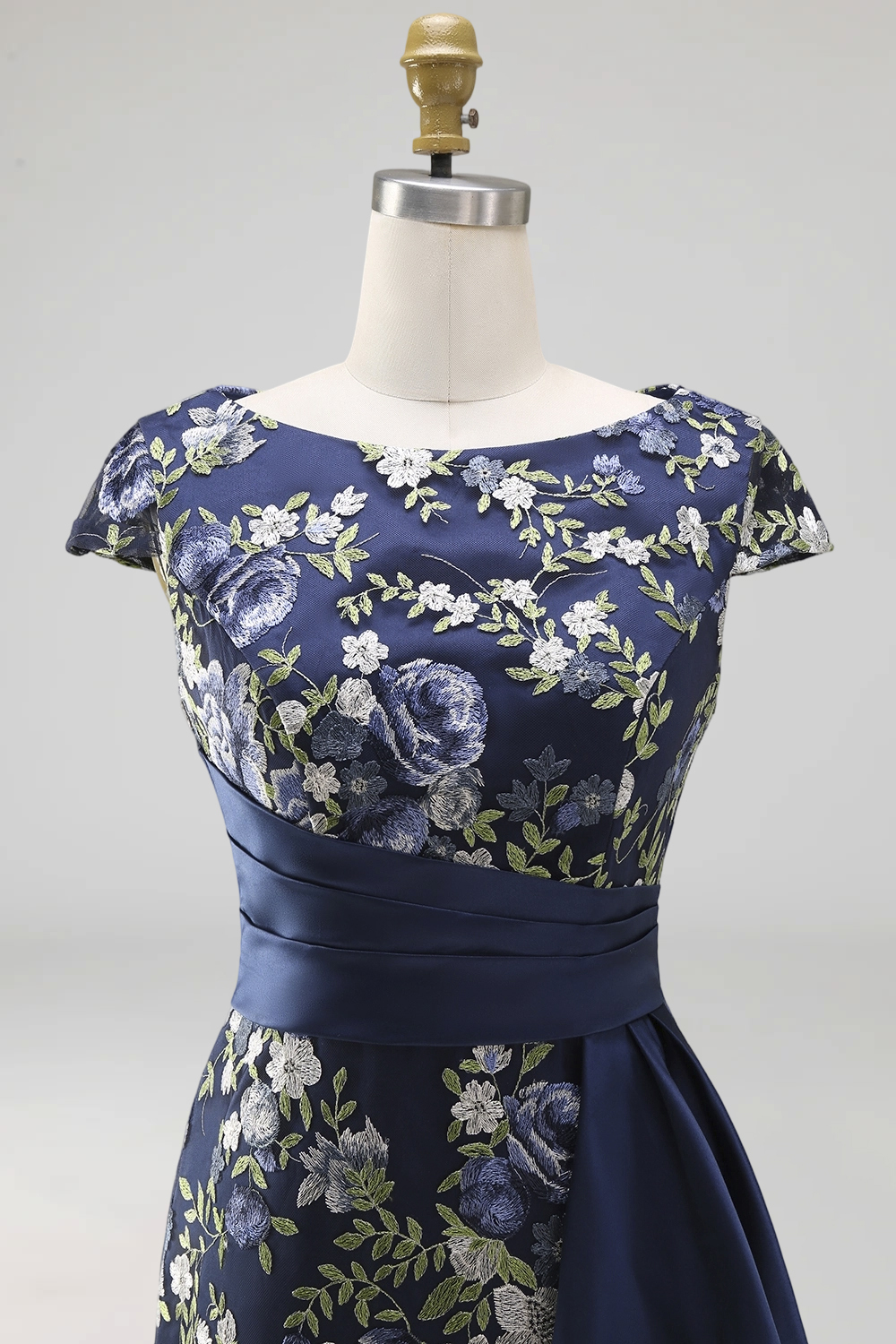 Navy Floral Cap Sleeves Mermaid Long Formal Dress with Slit