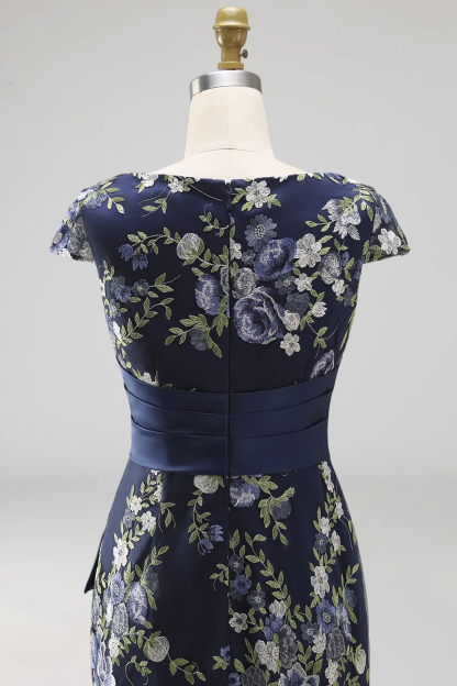 Navy Floral Cap Sleeves Mermaid Long Formal Dress with Slit