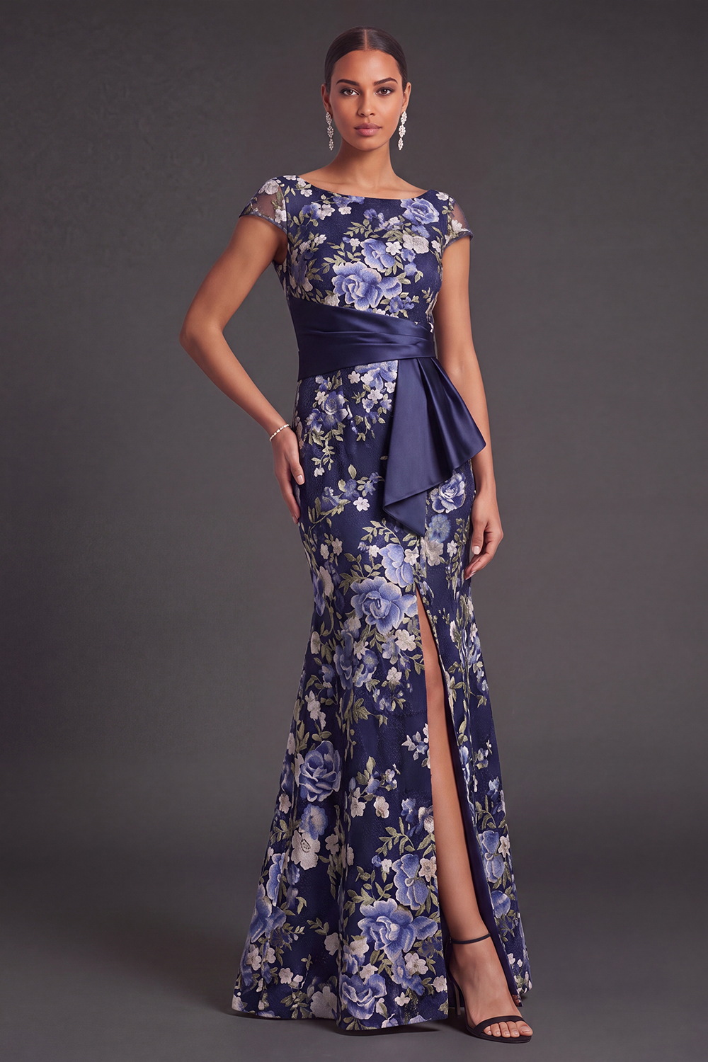 Leely Women Navy Floral Mermaid Long Formal Dress with Slit Boat Neck Cap Sleeves Evening Dress with Drape