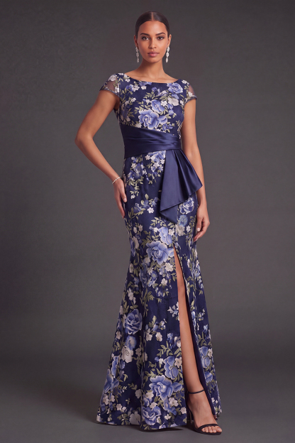 Leely Women Navy Floral Mermaid Long Formal Dress with Slit Boat Neck Cap Sleeves Evening Dress with Drape