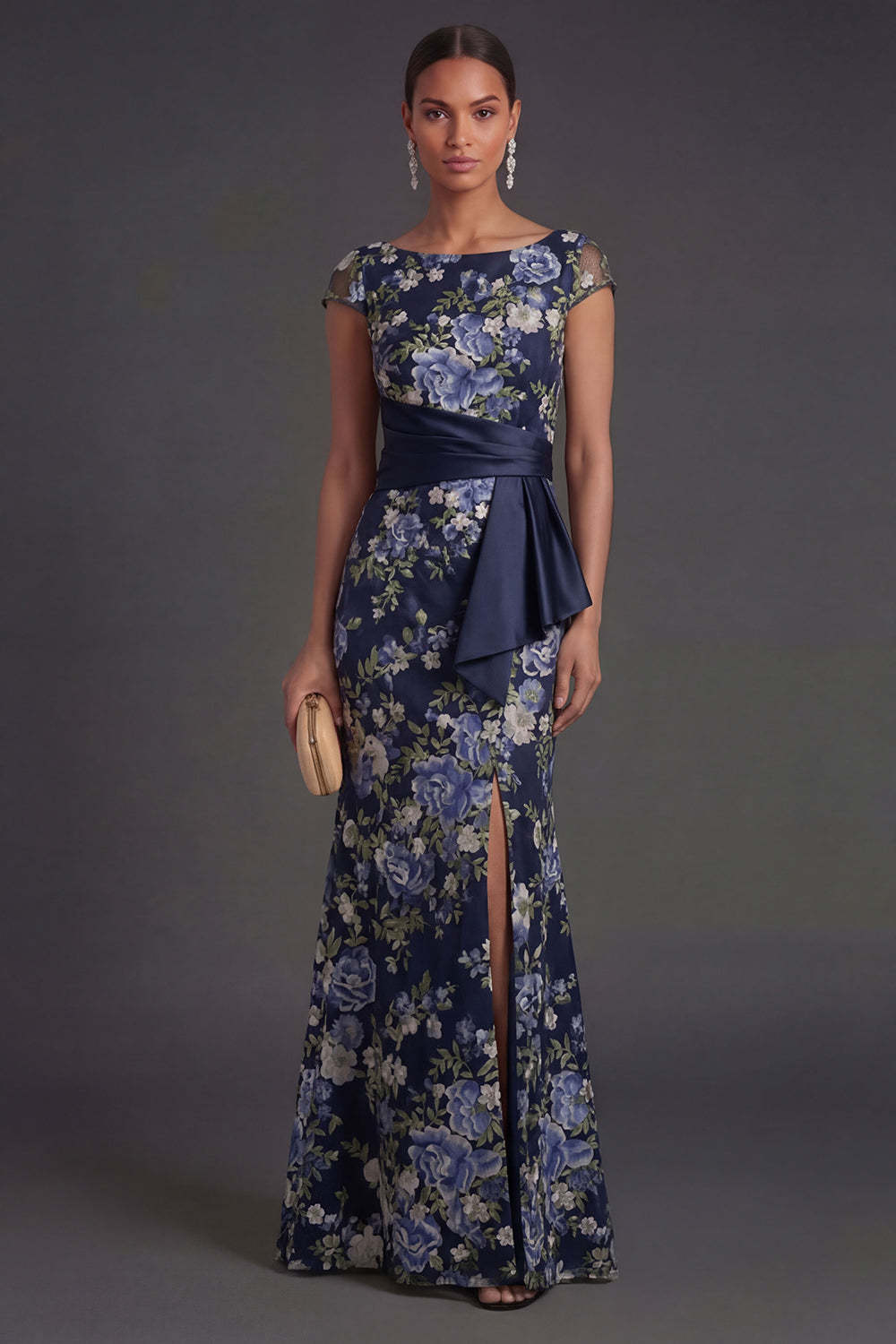 Leely Women Navy Floral Mermaid Long Formal Dress with Slit Boat Neck Cap Sleeves Evening Dress with Drape