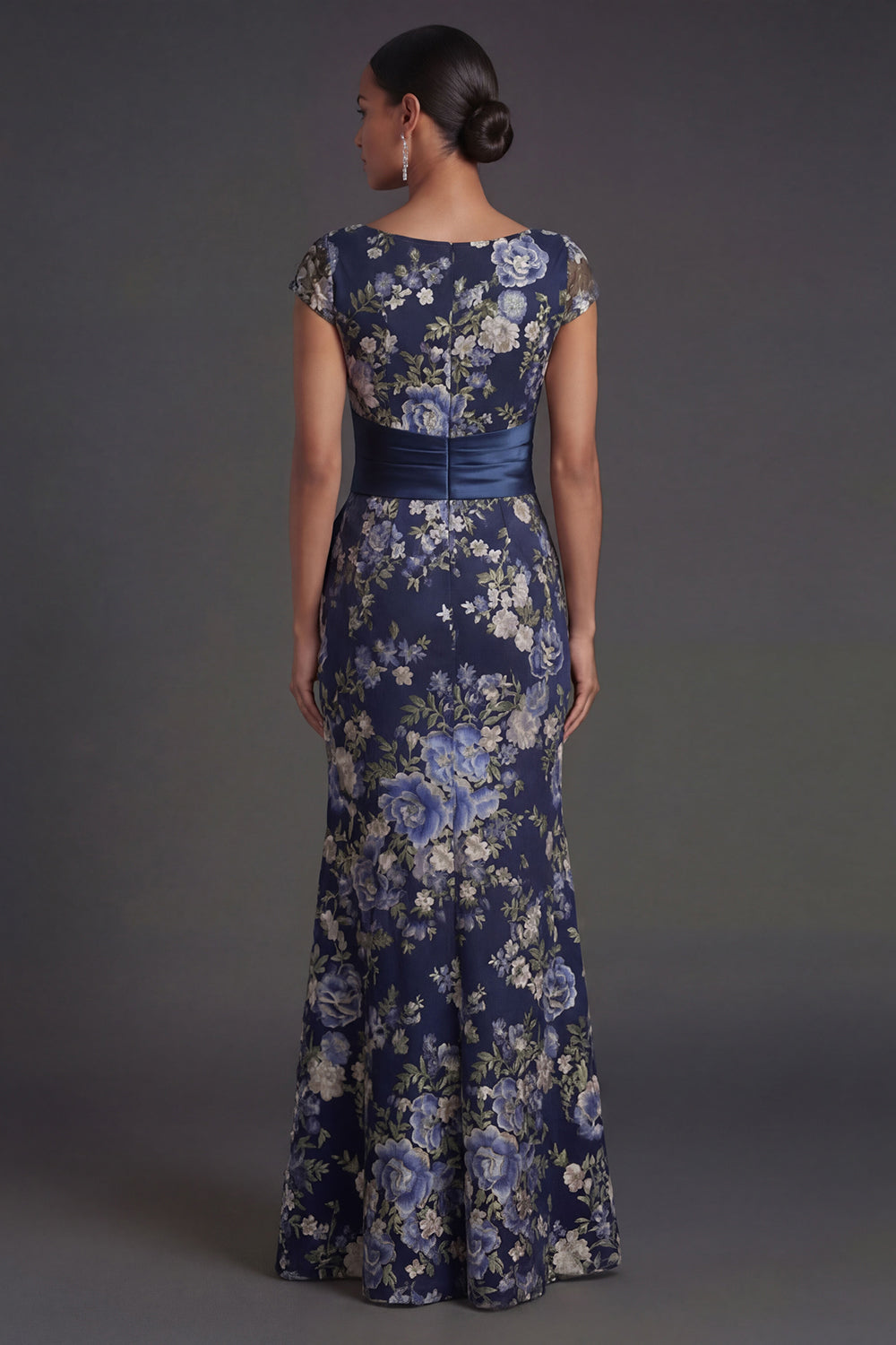Navy Floral Cap Sleeves Mermaid Long Formal Dress with Slit