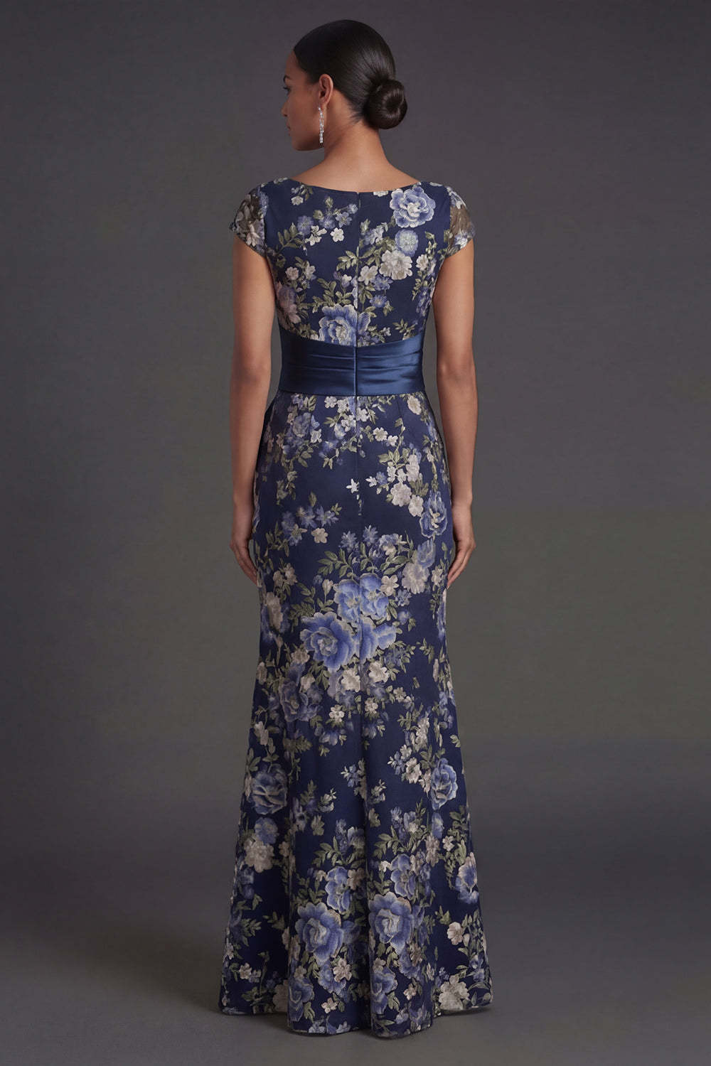 Navy Floral Cap Sleeves Mermaid Long Formal Dress with Slit