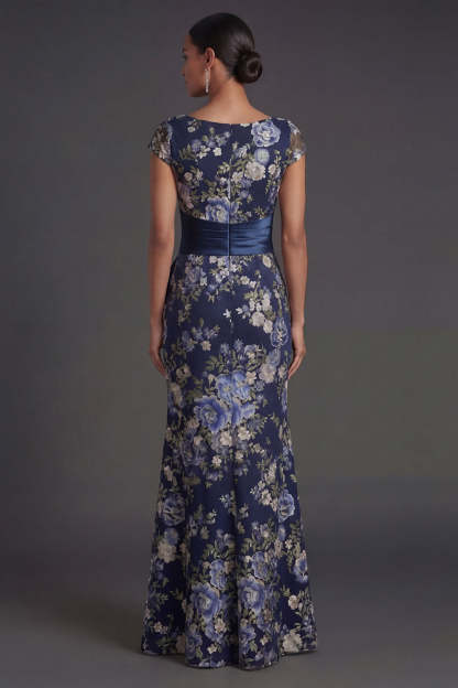 Navy Floral Cap Sleeves Mermaid Long Formal Dress with Slit