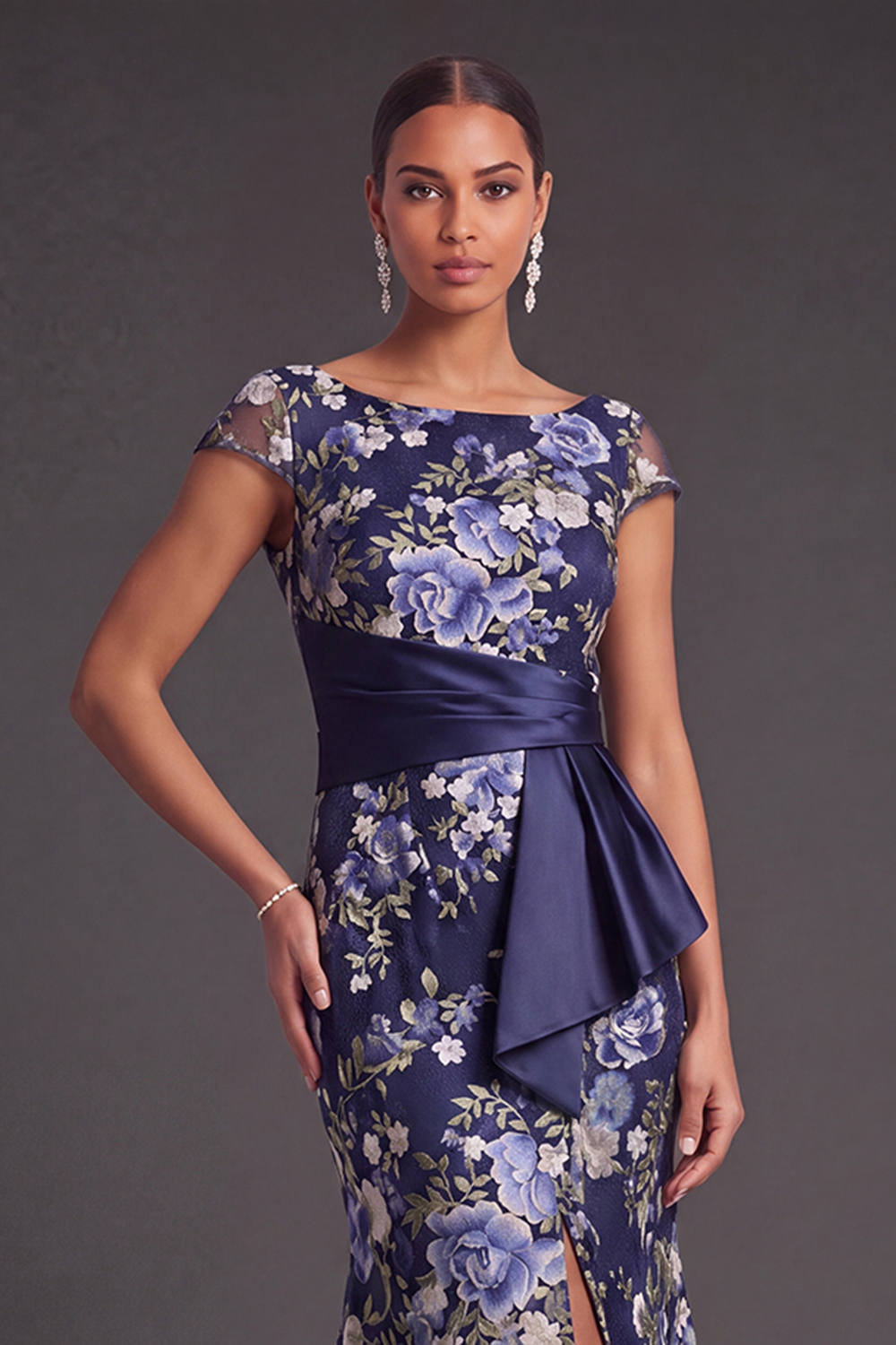 Navy Floral Cap Sleeves Mermaid Long Formal Dress with Slit