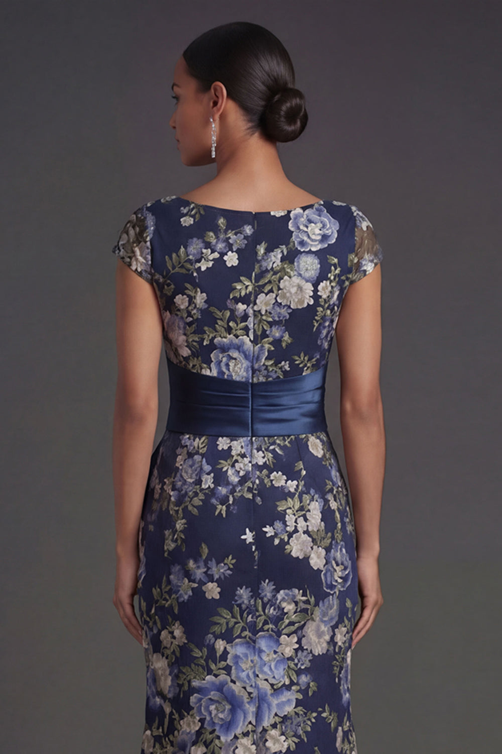 Navy Floral Cap Sleeves Mermaid Long Formal Dress with Slit