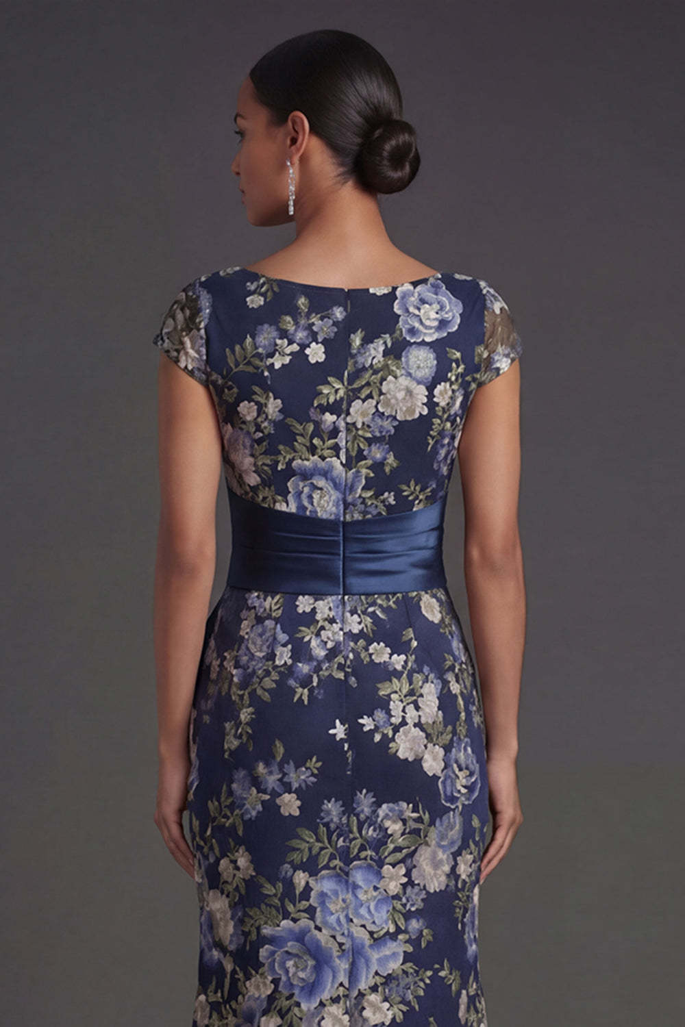 Navy Floral Cap Sleeves Mermaid Long Formal Dress with Slit