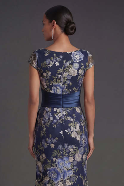 Navy Floral Cap Sleeves Mermaid Long Formal Dress with Slit