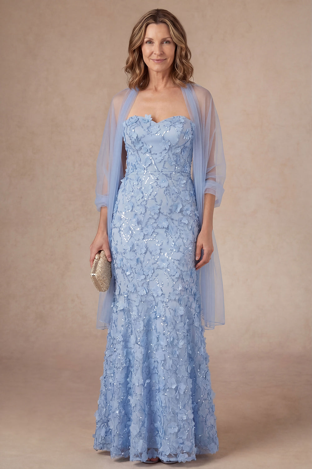 Sky Blue Sparkly Beaded Mermaid Appliqued Long Mother of the Bride Dress