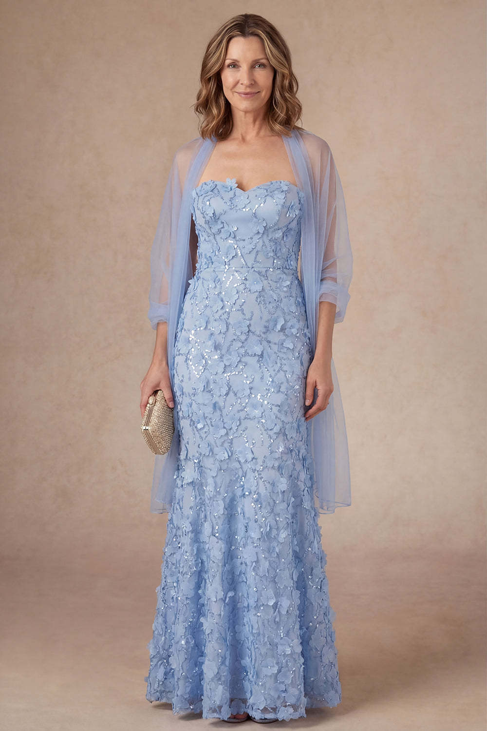 Leely Women Sky Blue Sparkly Beaded Mermaid Long Mother of the Bride Dress Appliqued Strapless Backless Evening Dress with Cape