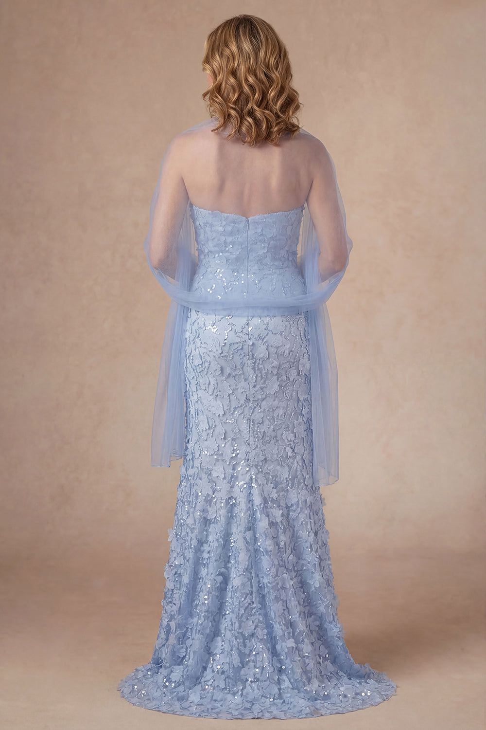 Sky Blue Sparkly Beaded Mermaid Appliqued Long Mother of the Bride Dress