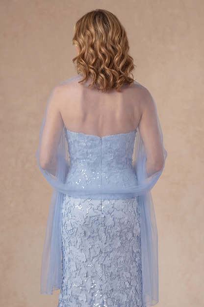 Sky Blue Sparkly Beaded Mermaid Appliqued Long Mother of the Bride Dress