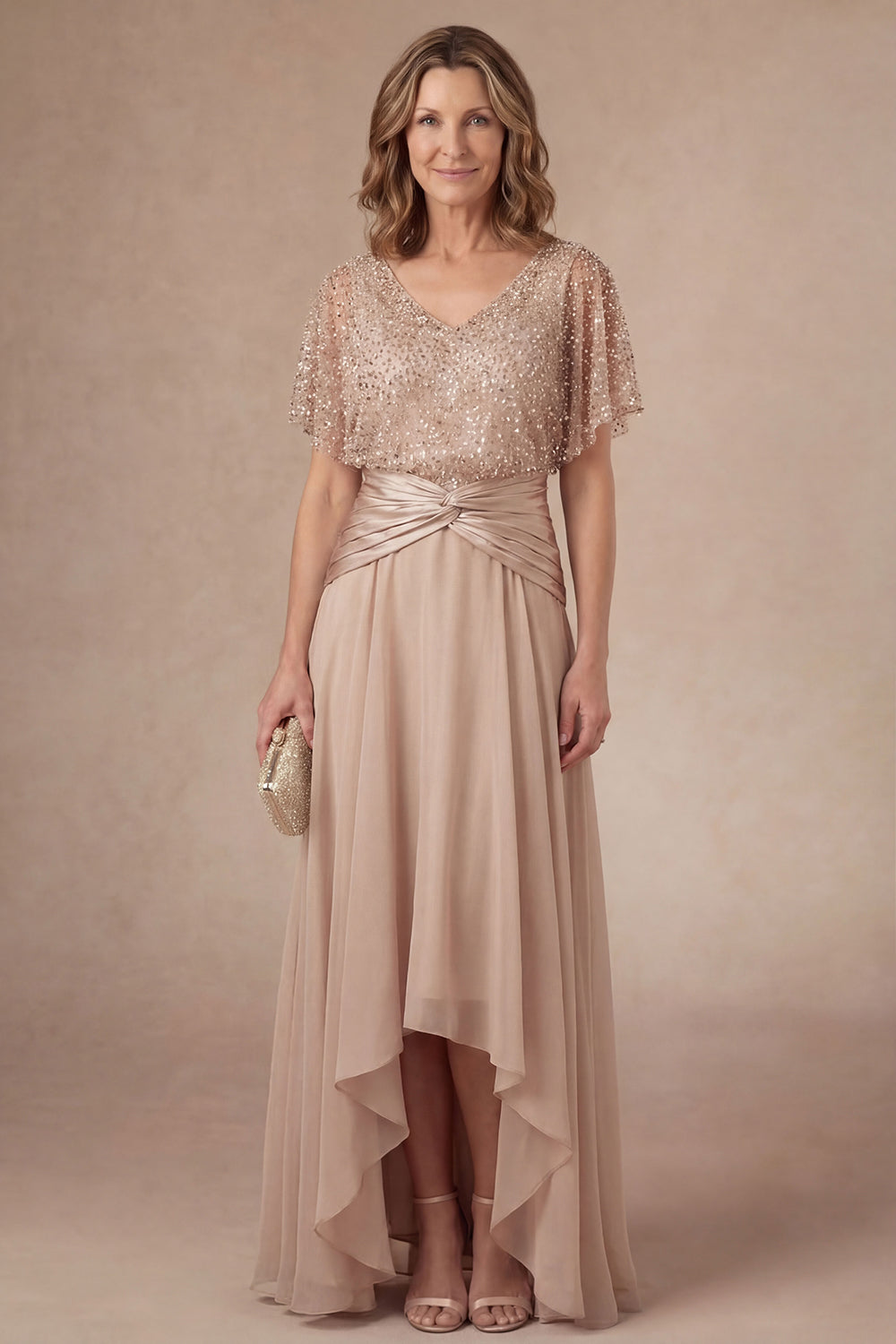 Champagne Sparkly Beaded V Neck High Low Mother of the Bride Dress