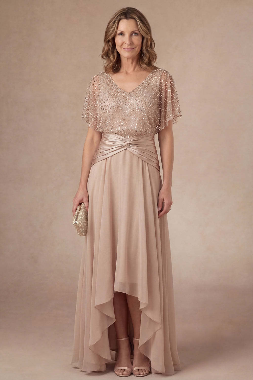 Leely Women Champagne Sparkly Beaded High Low Mother of the Bride Dress V Neck Short Sleeves A Line Evening Dress