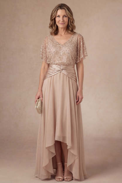 Leely Women Champagne Sparkly Beaded High Low Mother of the Bride Dress V Neck Short Sleeves A Line Evening Dress