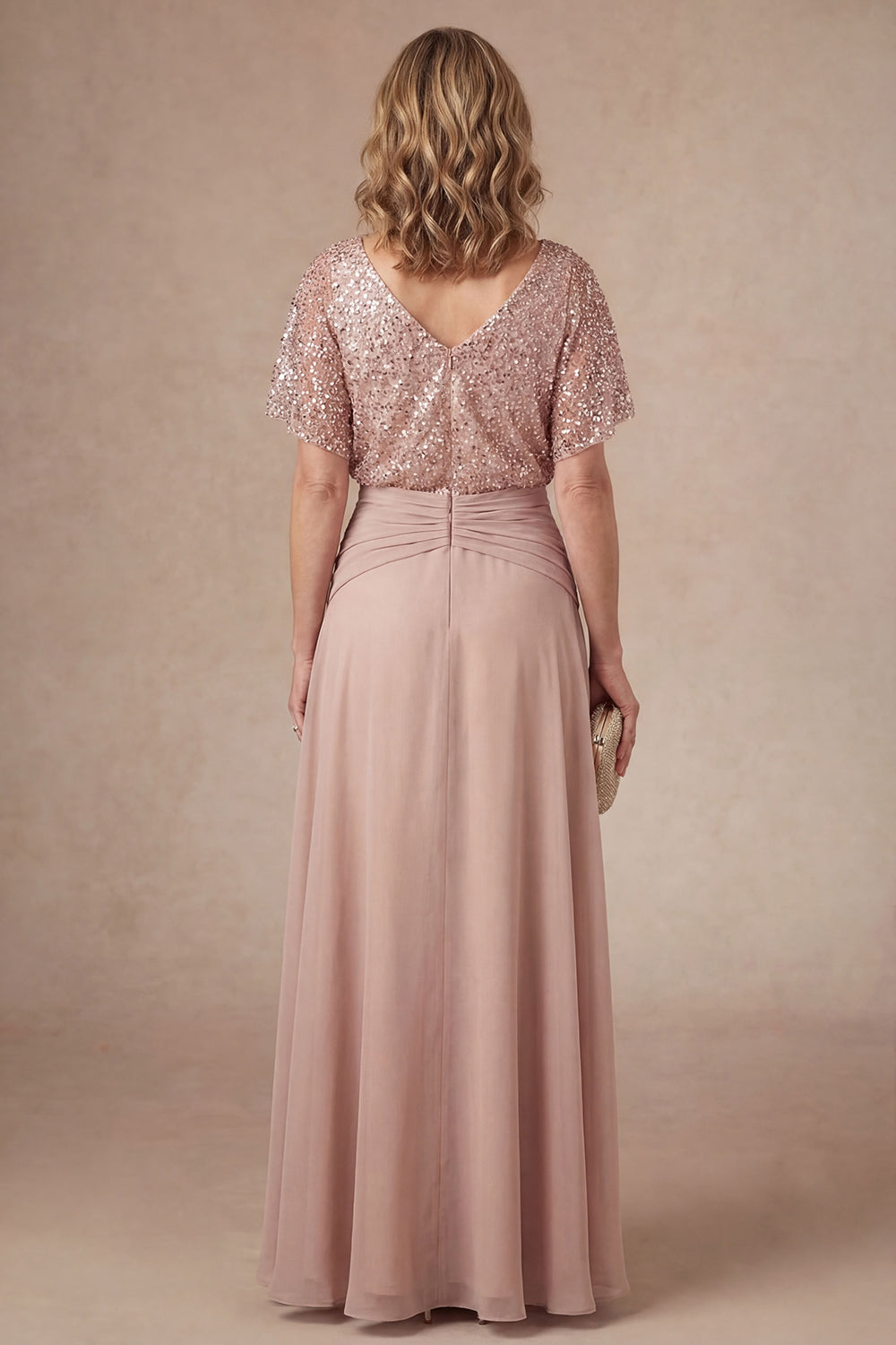 Champagne Sparkly Beaded V Neck High Low Mother of the Bride Dress