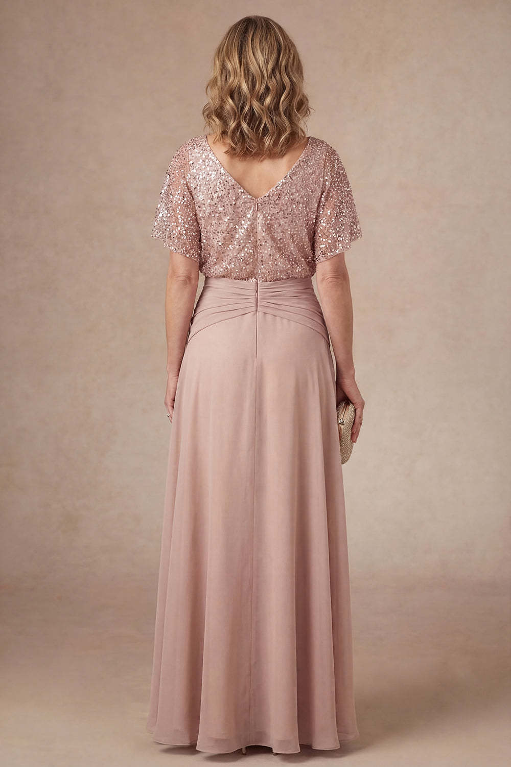 Champagne Sparkly Beaded V Neck High Low Mother of the Bride Dress