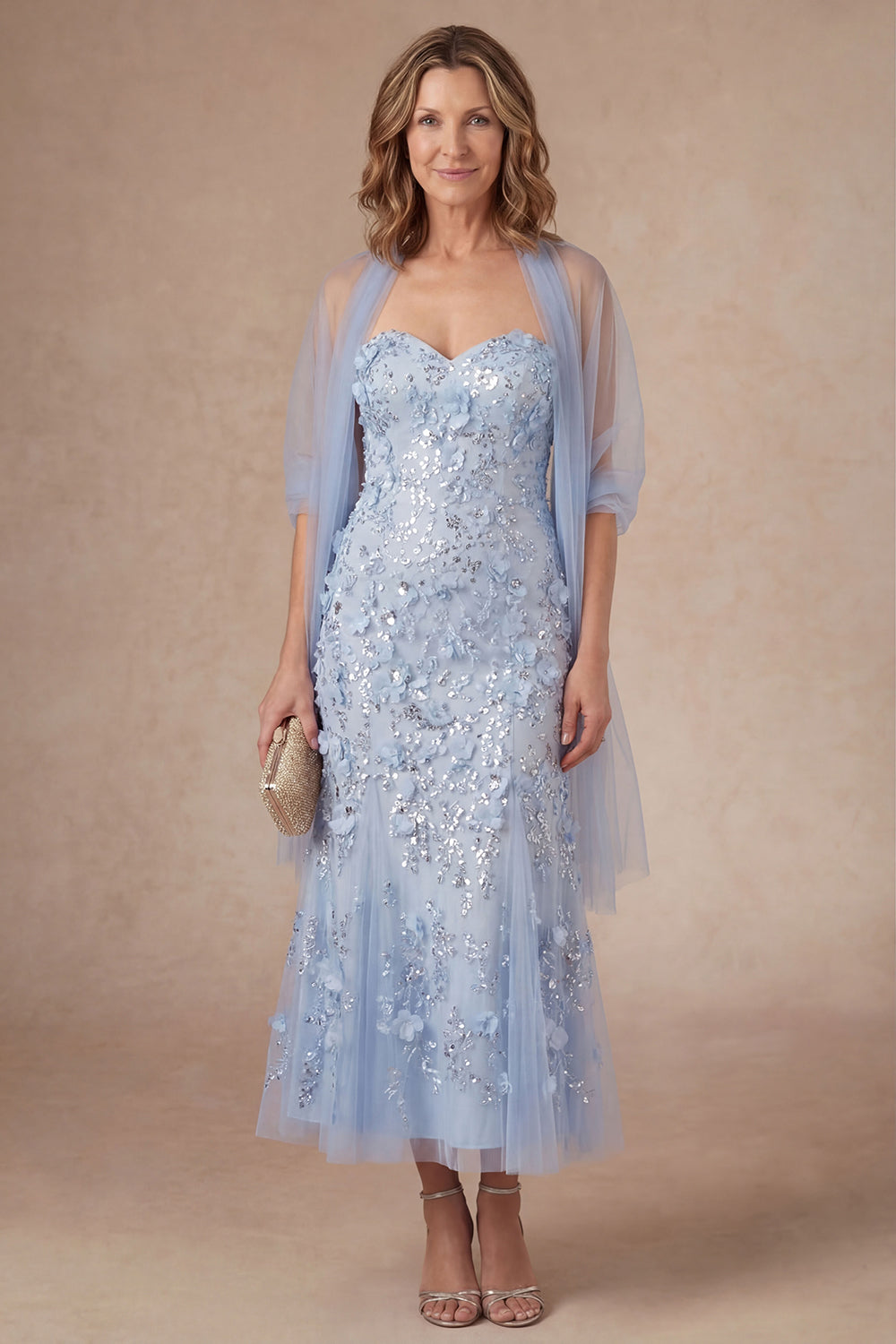 Leely Women Sheath Sky Blue Sparkly Long Mother of the Bride Dress Beaded Appliqued Strapless Backless Wedding Guest Dress with Cape