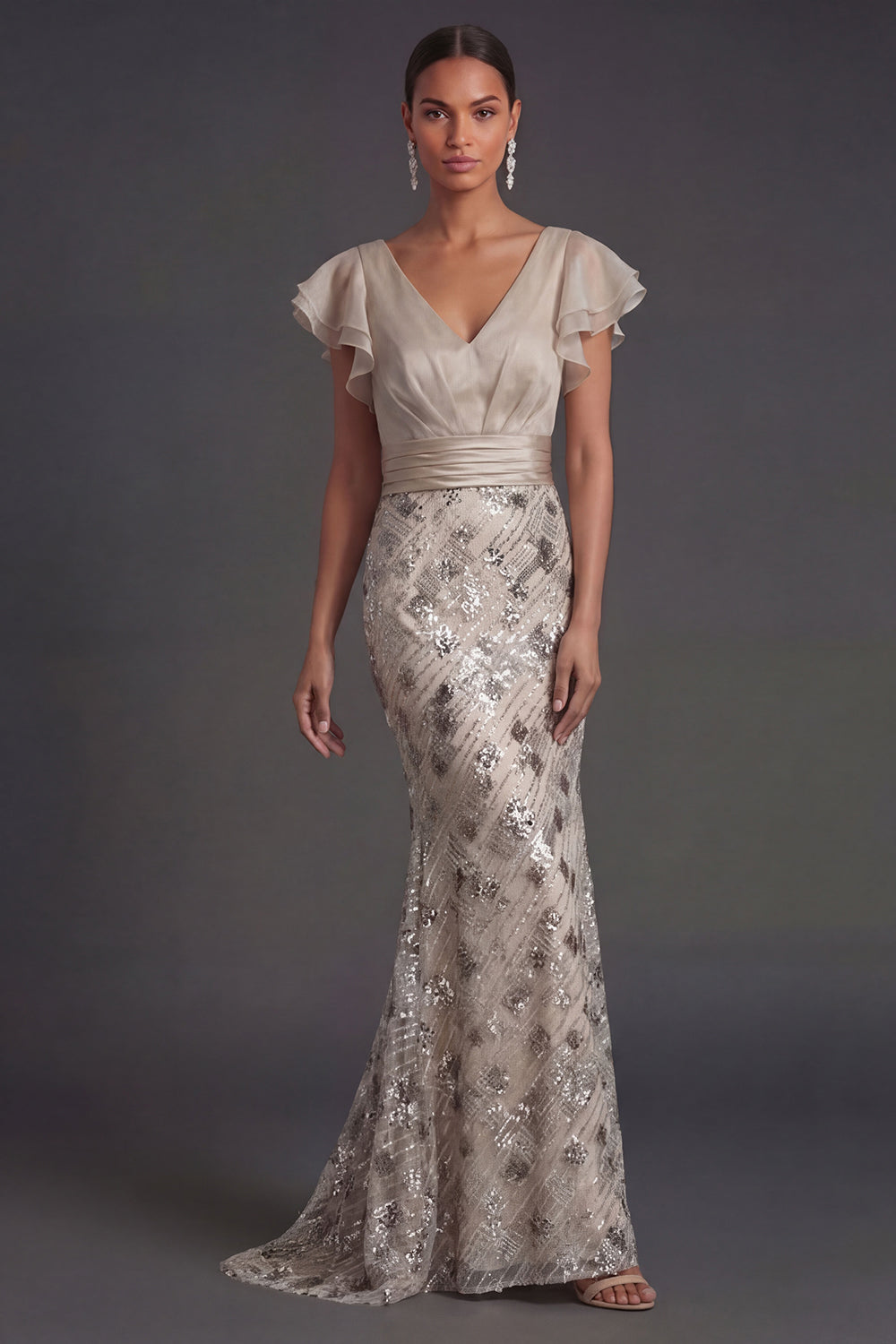 Apricot V-Neck Sequined Mermaid Long Formal Dress with Ruffles