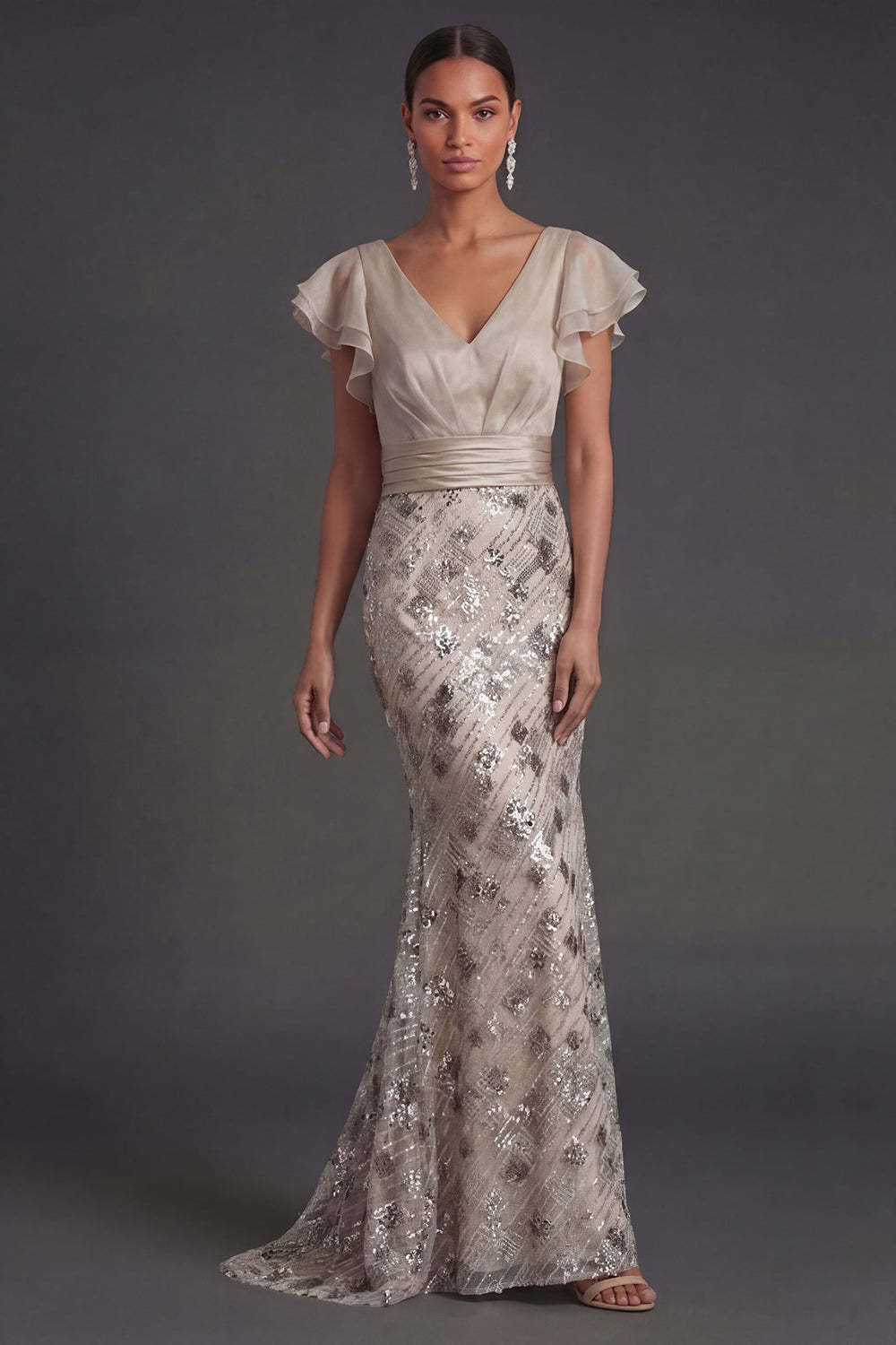 Leely Women Apricot Mermaid Sequined Long Formal Dress with Ruffles V-Neck Flutter Sleeves Evening Dress