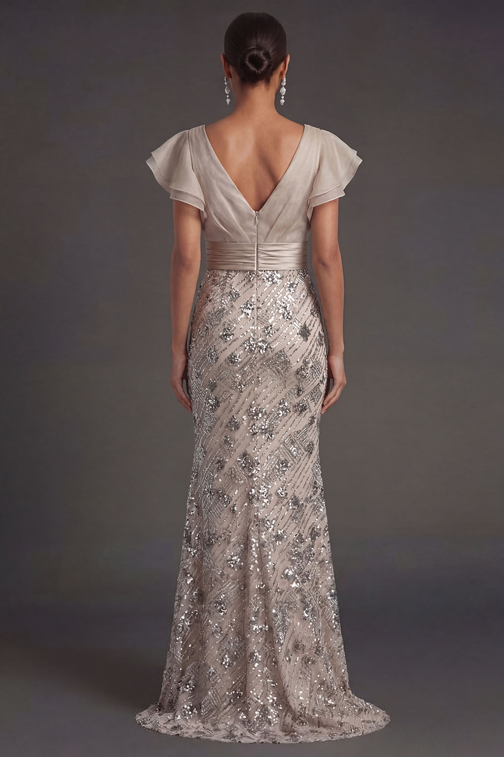 Apricot V-Neck Sequined Mermaid Long Formal Dress with Ruffles