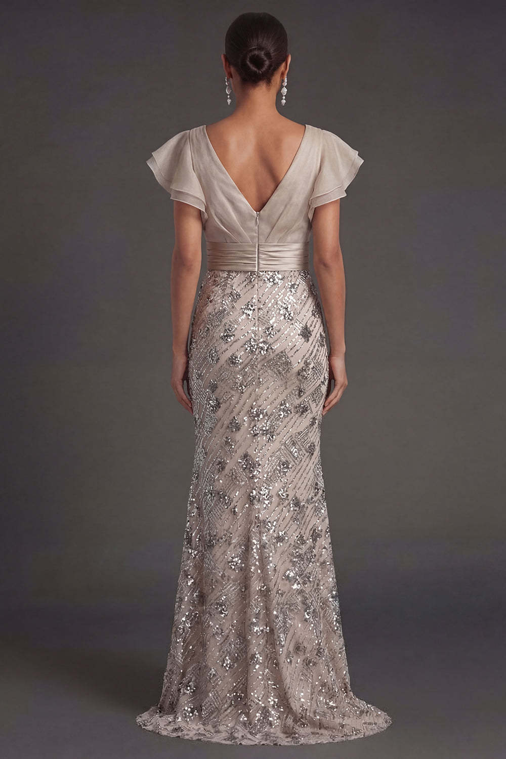 Apricot V-Neck Sequined Mermaid Long Formal Dress with Ruffles