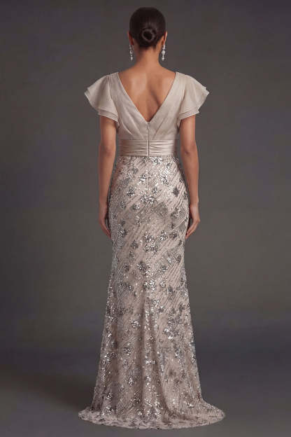 Apricot V-Neck Sequined Mermaid Long Formal Dress with Ruffles