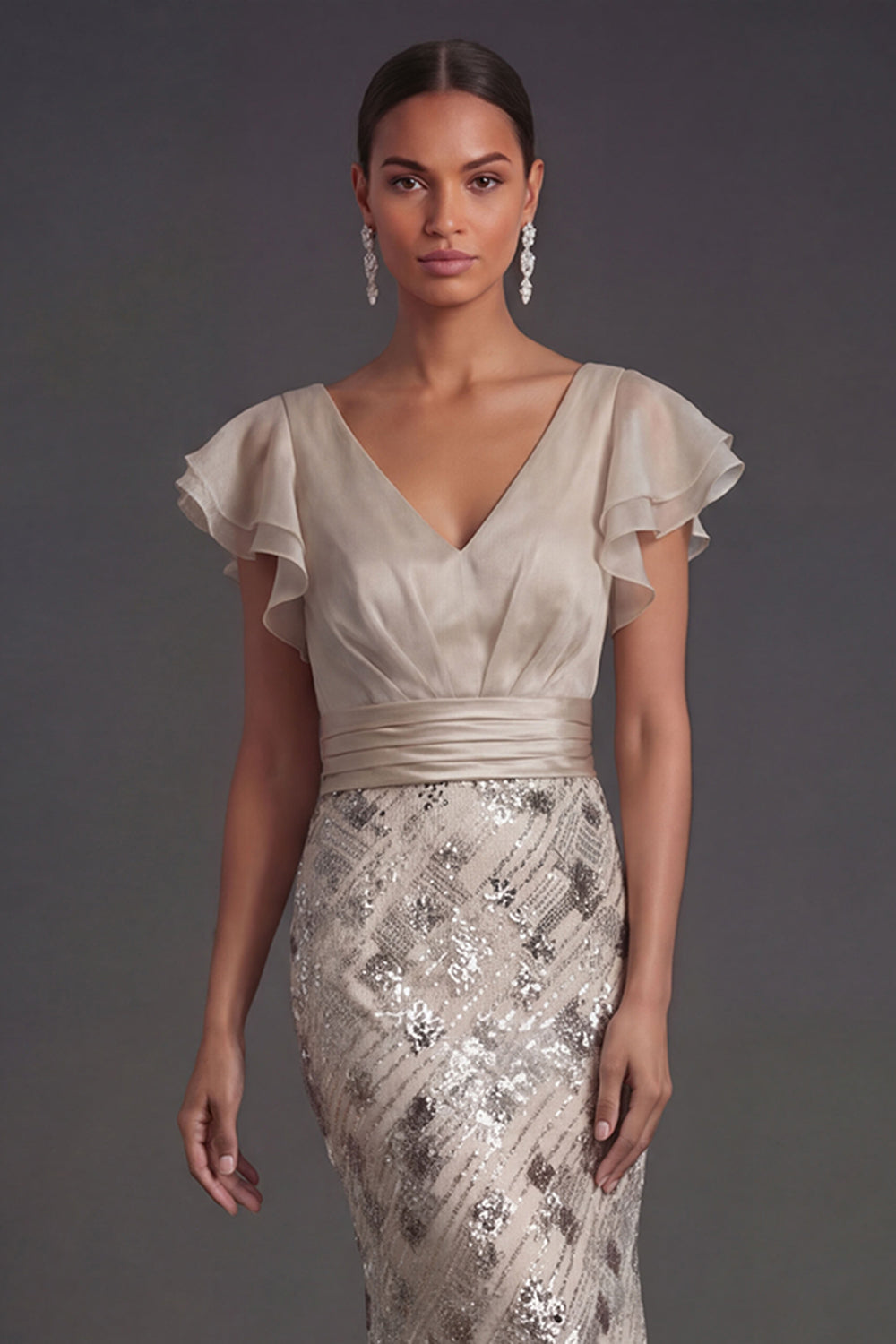 Apricot V-Neck Sequined Mermaid Long Formal Dress with Ruffles