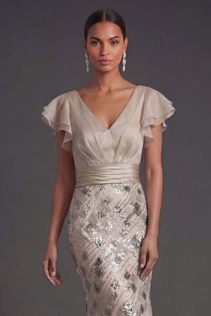 Apricot V-Neck Sequined Mermaid Long Formal Dress with Ruffles