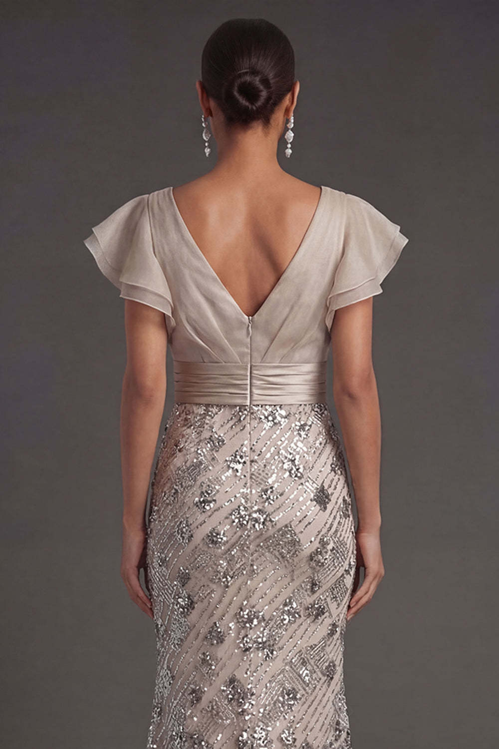 Apricot V-Neck Sequined Mermaid Long Formal Dress with Ruffles