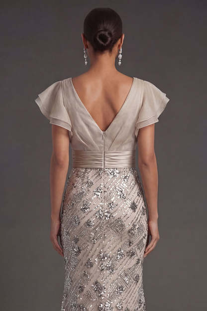 Apricot V-Neck Sequined Mermaid Long Formal Dress with Ruffles