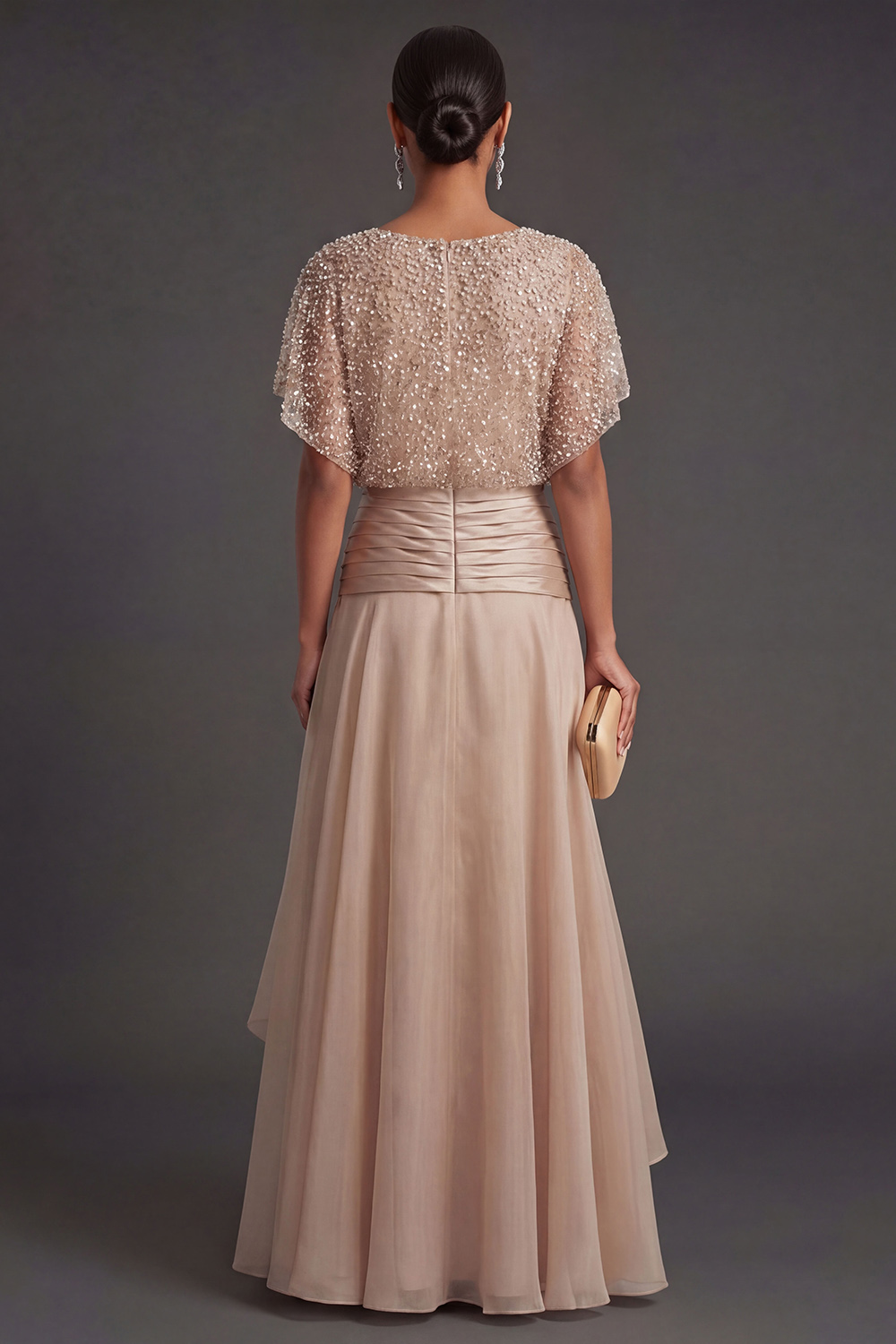 Champagne Sparkly Beaded A Line Ruffled Round Neck Long Formal Dress